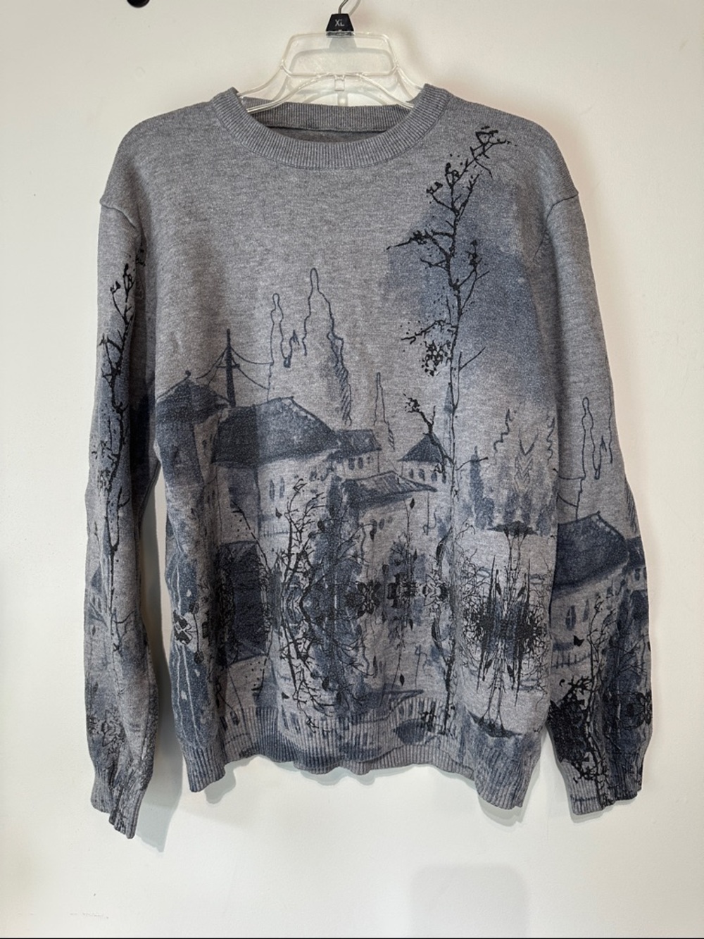 Men's Blue Gray Asian Village Themed Crewneck Sweater